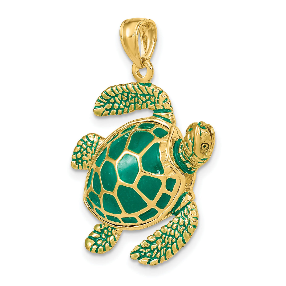 14k Yellow Gold Sea Turtle Pendant with Green Enamel Accents, Nautical Animal Charm