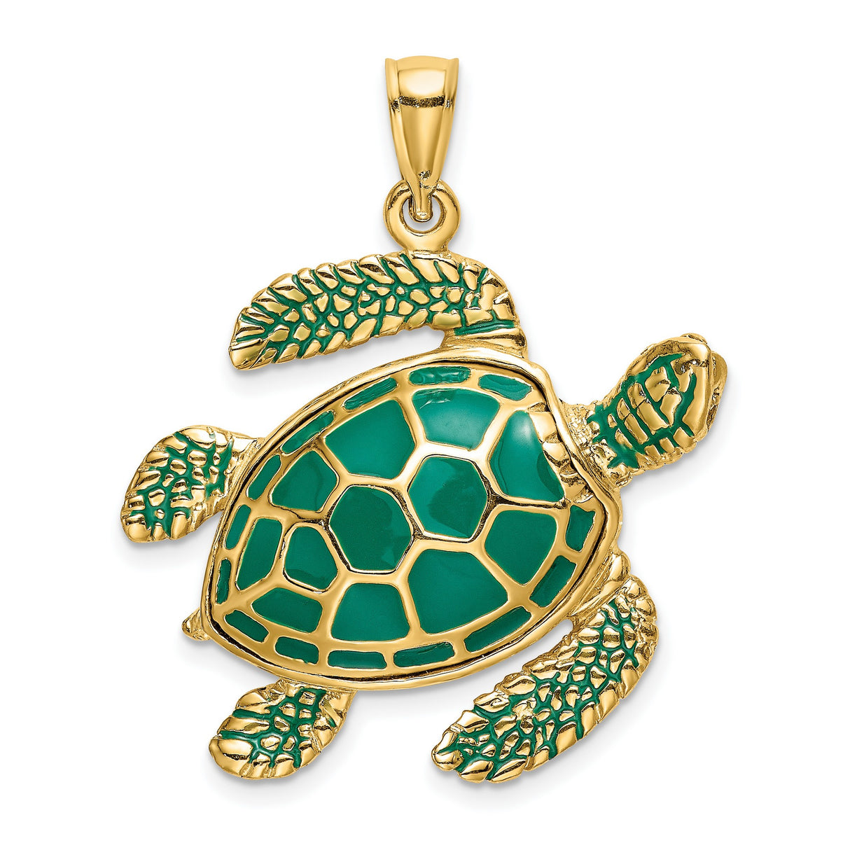 14k Yellow Gold Sea Turtle Pendant with Green Enamel Accents, Nautical Animal Charm