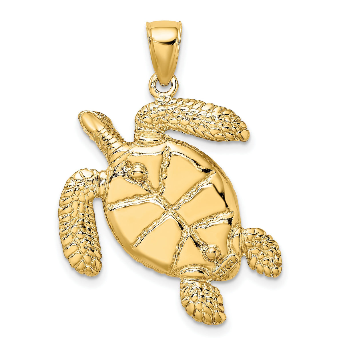14k Yellow Gold Sea Turtle Pendant with Brown Enamel Shell and Textured Fins