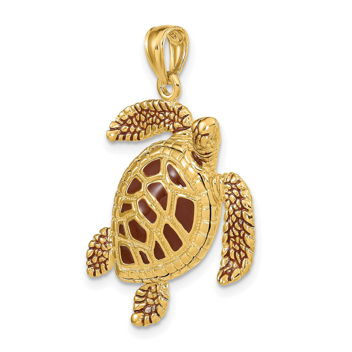 14k Yellow Gold Sea Turtle Pendant with Brown Enamel Shell and Textured Fins