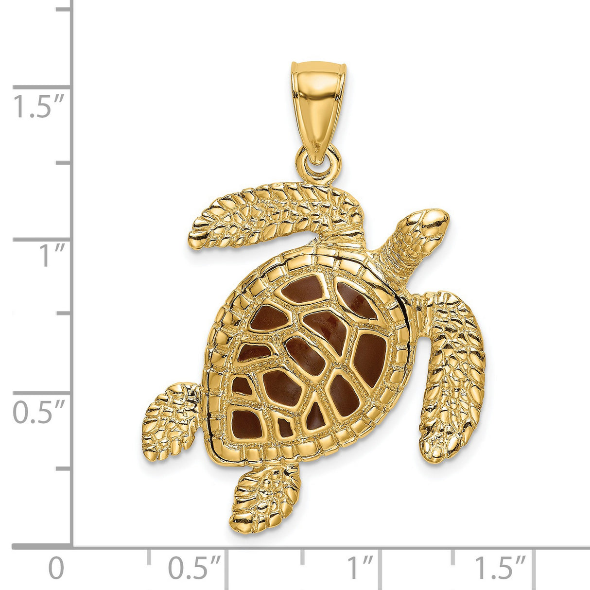14k Yellow Gold Sea Turtle Pendant with Brown Enamel Shell and Textured Fins