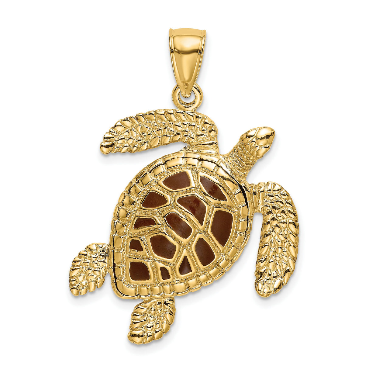 14k Yellow Gold Sea Turtle Pendant with Brown Enamel Shell and Textured Fins