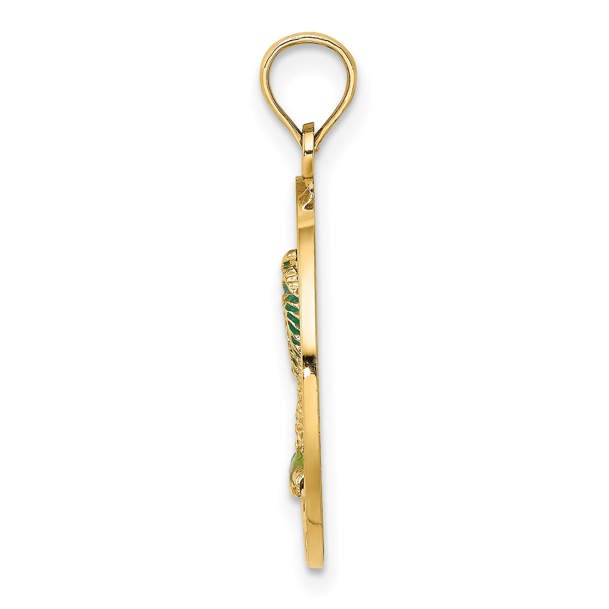 14k Yellow Gold Palm Tree Pendant with Green Enamel, Textured Circle Frame, Tropical Charm