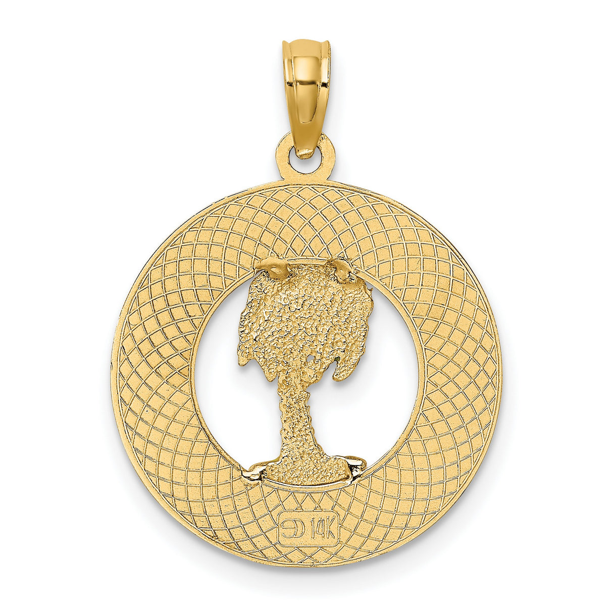 14k Yellow Gold Palm Tree Pendant with Green Enamel, Textured Circle Frame, Tropical Charm