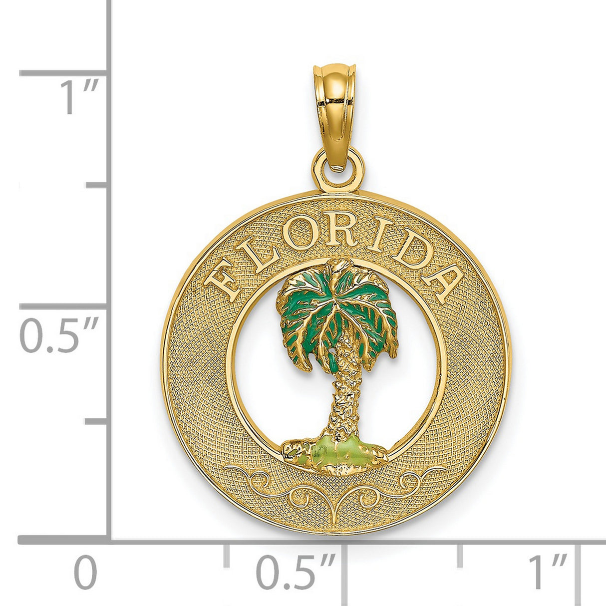 14k Yellow Gold Palm Tree Pendant with Green Enamel, Textured Circle Frame, Tropical Charm