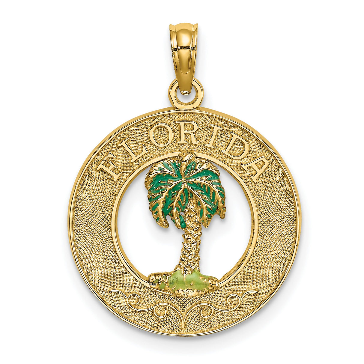 14k Yellow Gold Palm Tree Pendant with Green Enamel, Textured Circle Frame, Tropical Charm