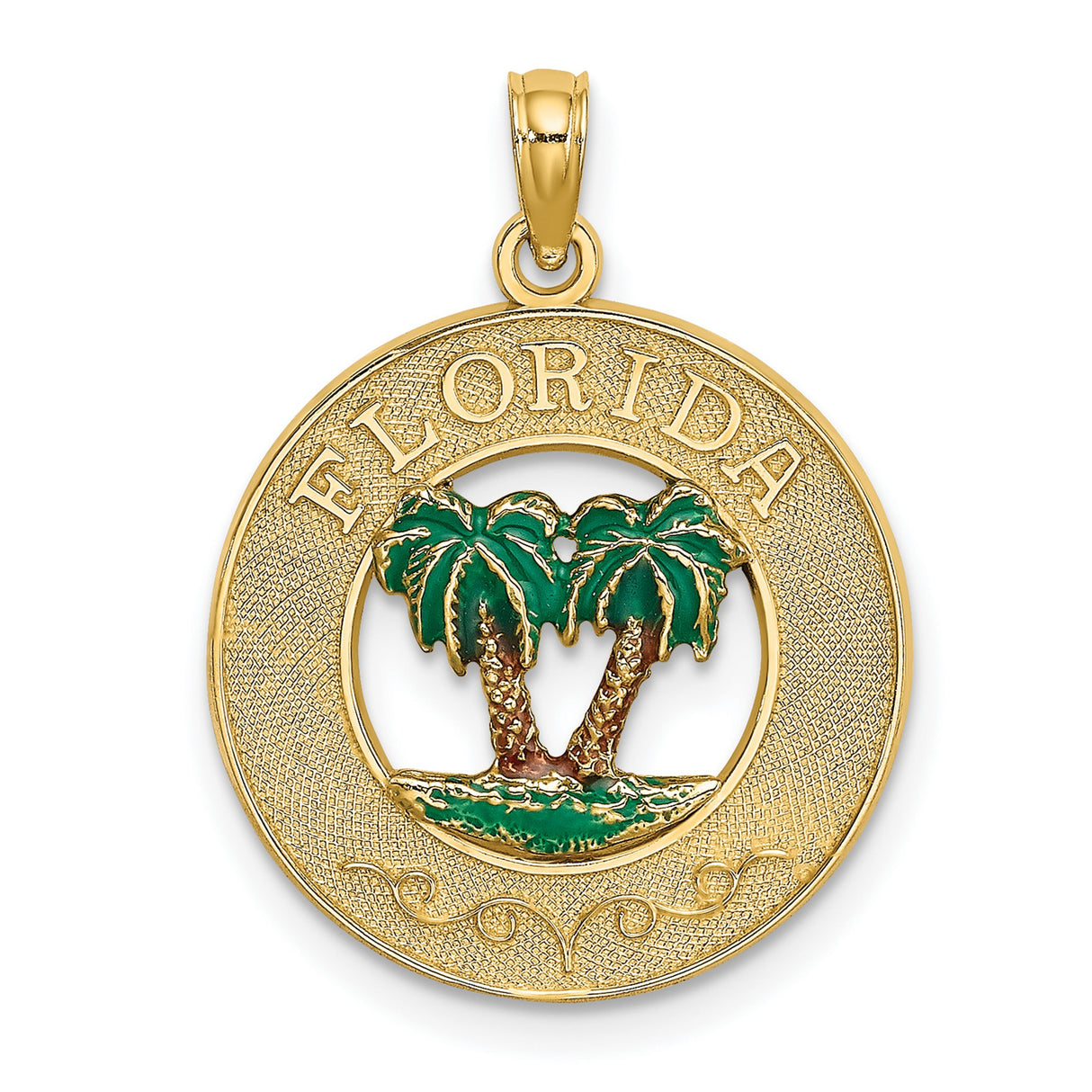 14k Yellow Gold Florida Pendant with Enameled Palm Trees, Tropical Island Charm