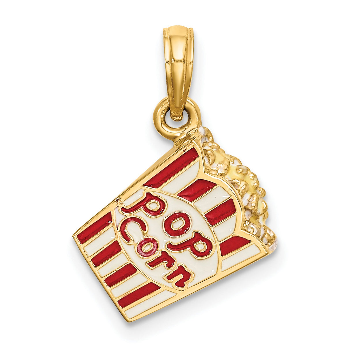 14k Yellow Gold Popcorn Bucket Pendant Charm with Red and White Enamel, Movie Theater Theme