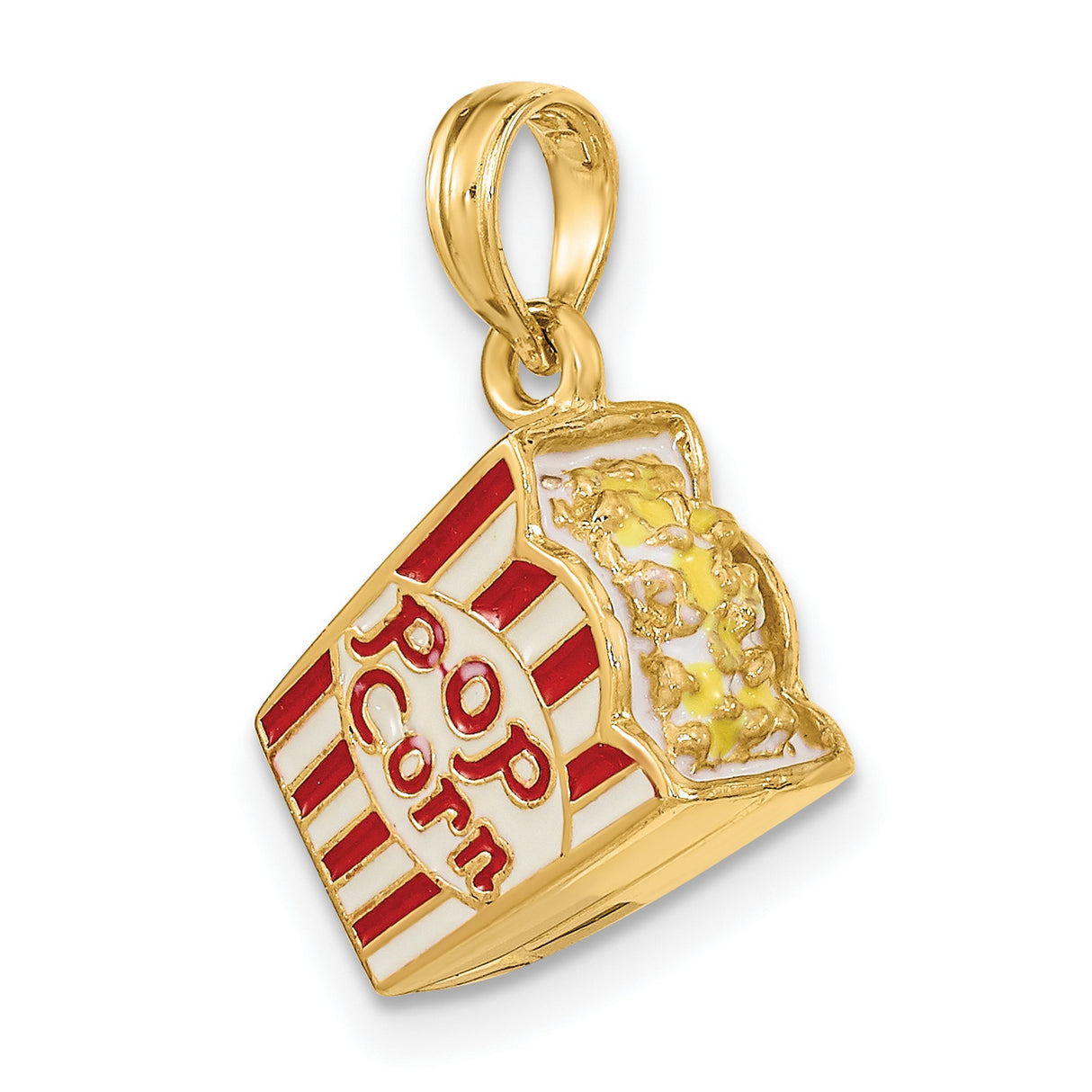 14k Yellow Gold Popcorn Bucket Pendant Charm with Red and White Enamel, Movie Theater Theme