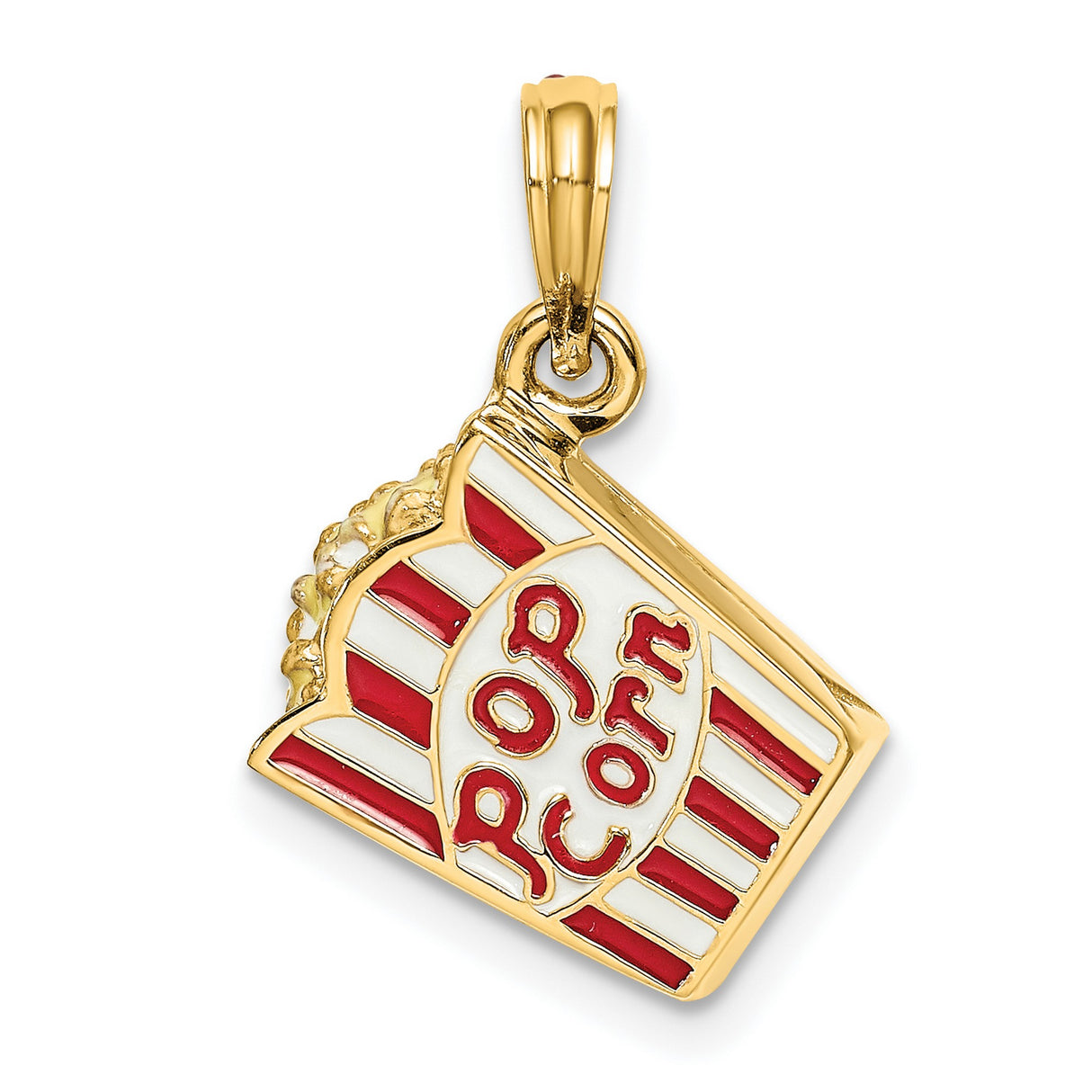14k Yellow Gold Popcorn Bucket Pendant Charm with Red and White Enamel, Movie Theater Theme