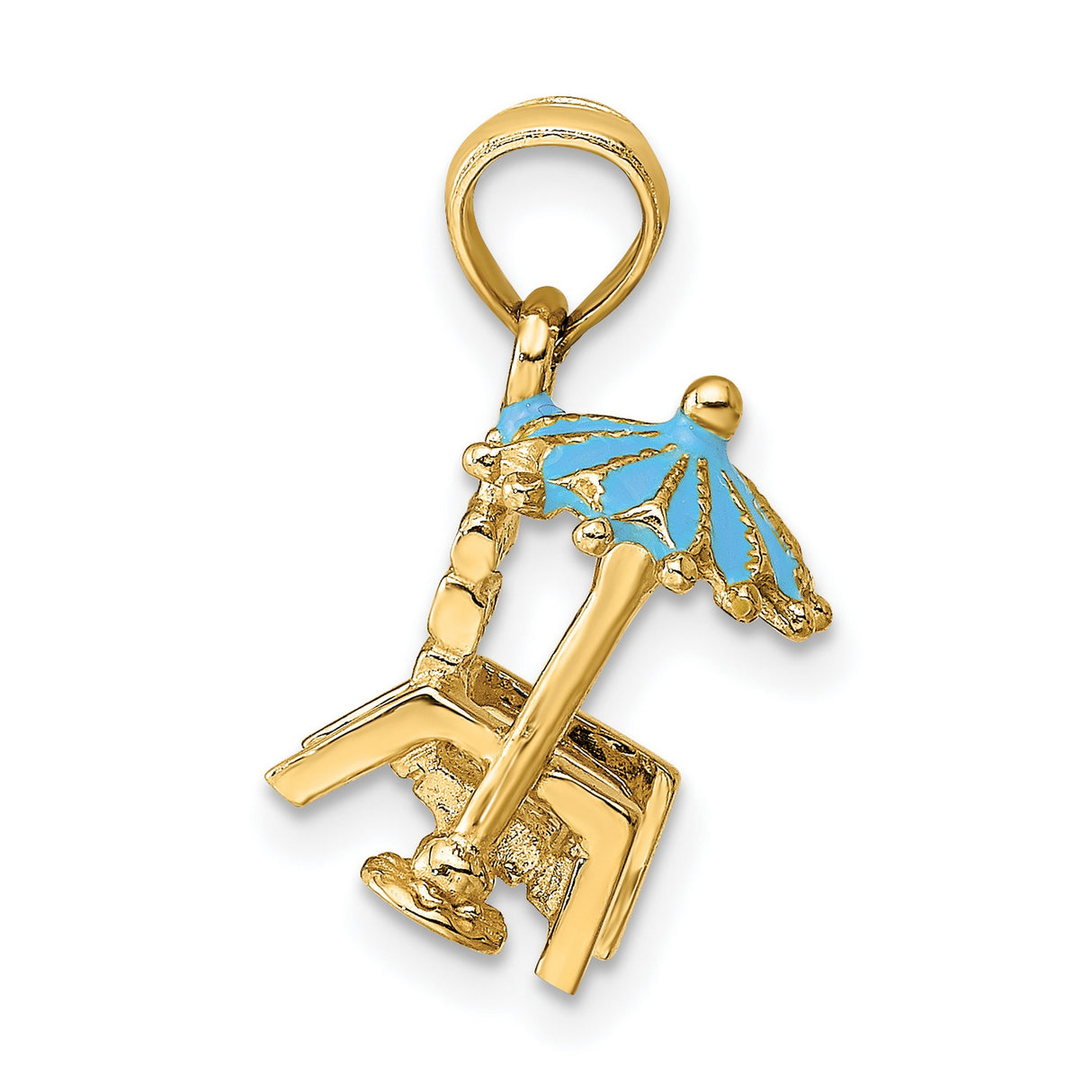 14k Yellow Gold Pendant, Beach Chair and Umbrella with Blue Enamel, Tropical Vacation Theme