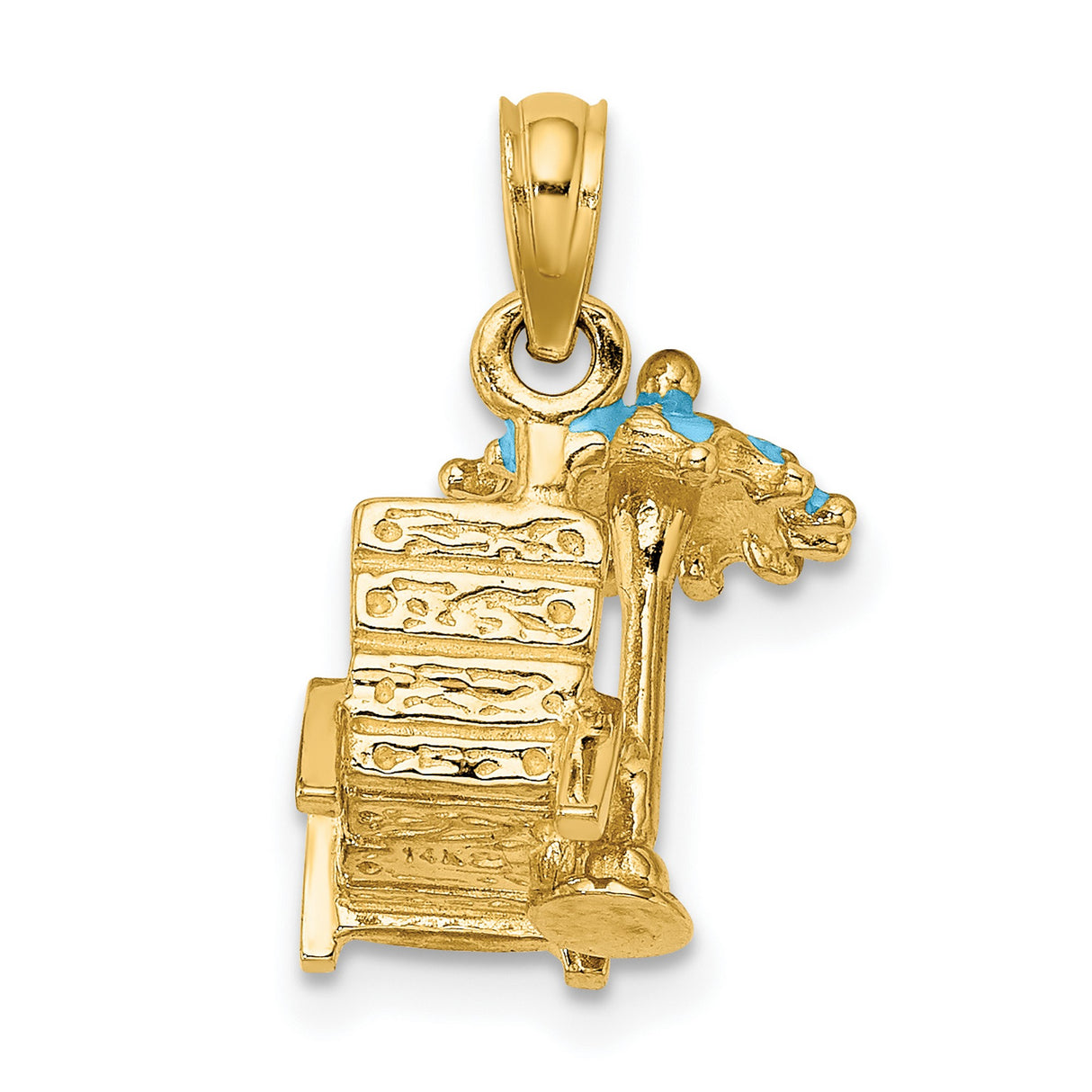 14k Yellow Gold Pendant, Beach Chair and Umbrella with Blue Enamel, Tropical Vacation Theme