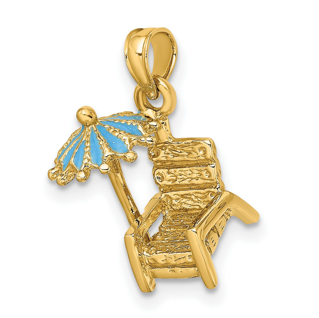 14k Yellow Gold Pendant, Beach Chair and Umbrella with Blue Enamel, Tropical Vacation Theme