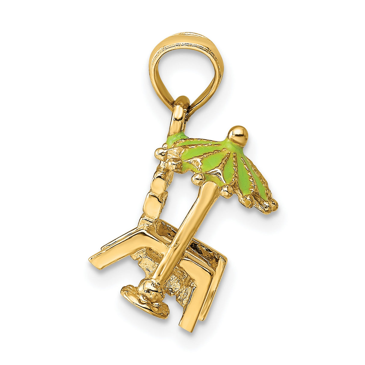 14k Yellow Gold Beach Chair Pendant with Green Enamel Umbrella, Tropical Vacation Charm