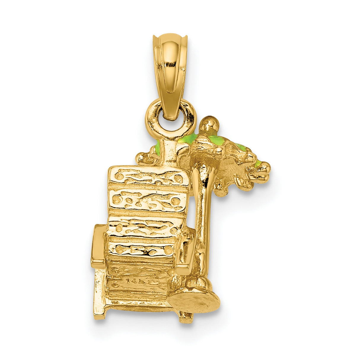 14k Yellow Gold Beach Chair Pendant with Green Enamel Umbrella, Tropical Vacation Charm