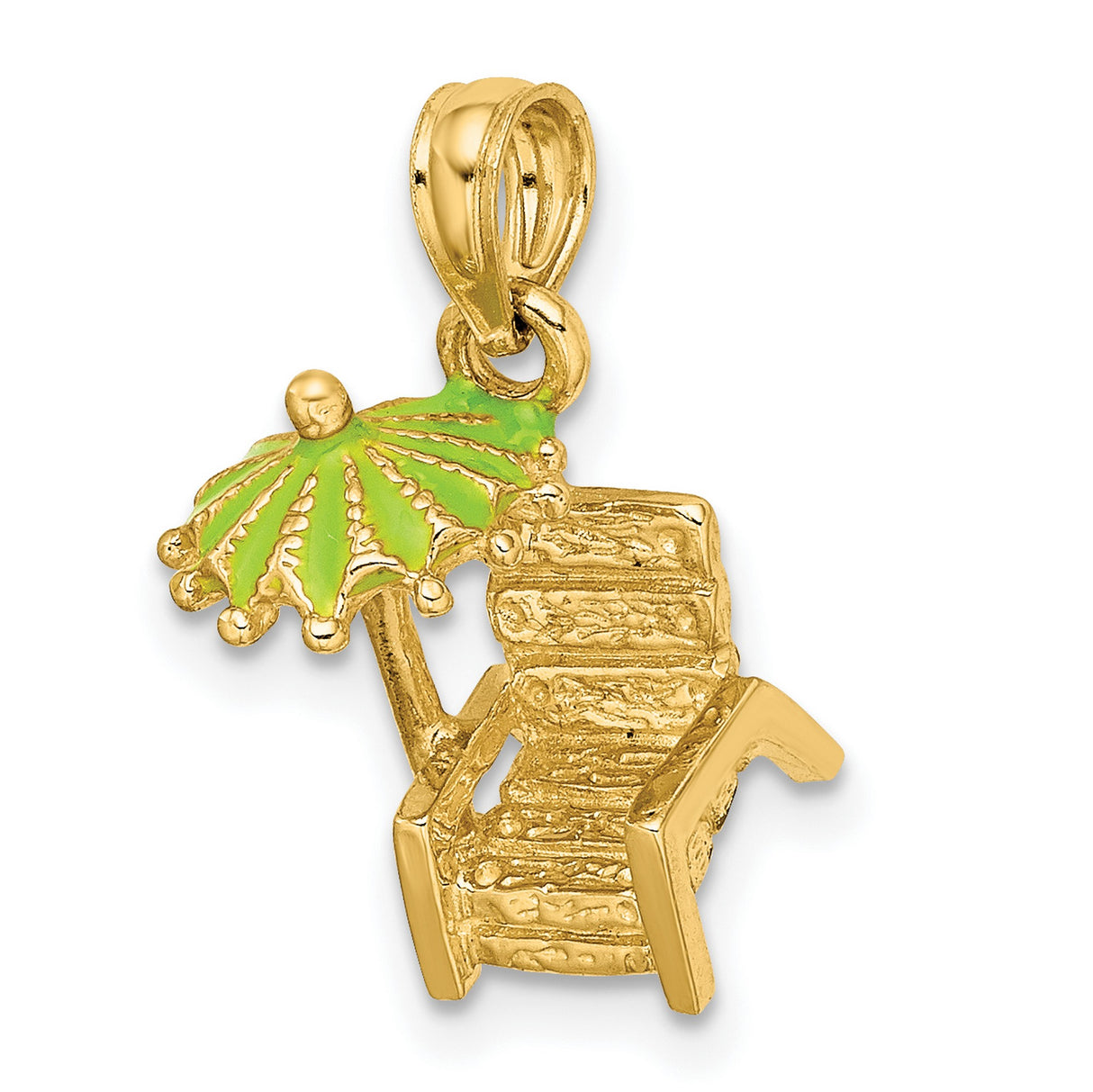 14k Yellow Gold Beach Chair Pendant with Green Enamel Umbrella, Tropical Vacation Charm