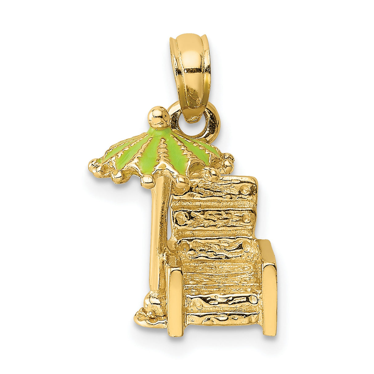 14k Yellow Gold Beach Chair Pendant with Green Enamel Umbrella, Tropical Vacation Charm