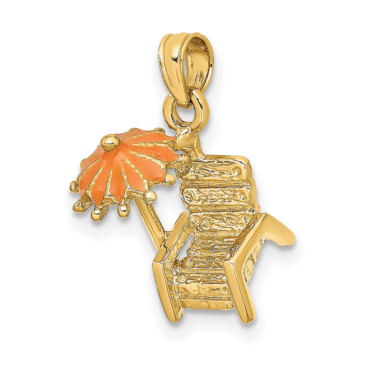 14k Yellow Gold Pendant, Beach Chair and Umbrella with Orange Enamel, Tropical Vacation Theme