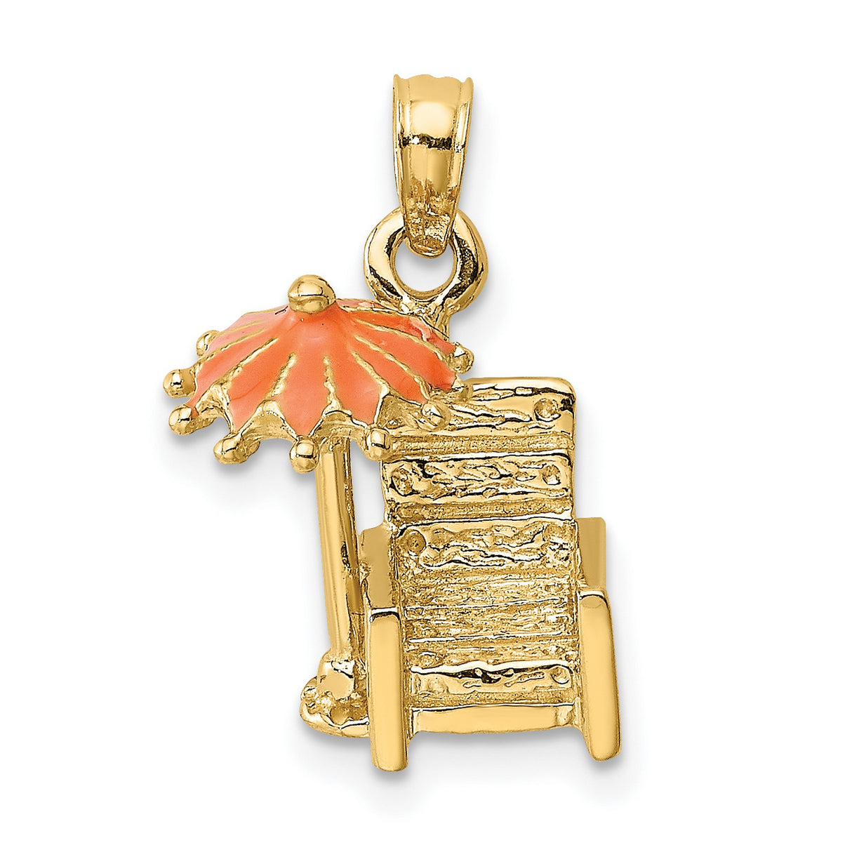 14k Yellow Gold Pendant, Beach Chair and Umbrella with Orange Enamel, Tropical Vacation Theme