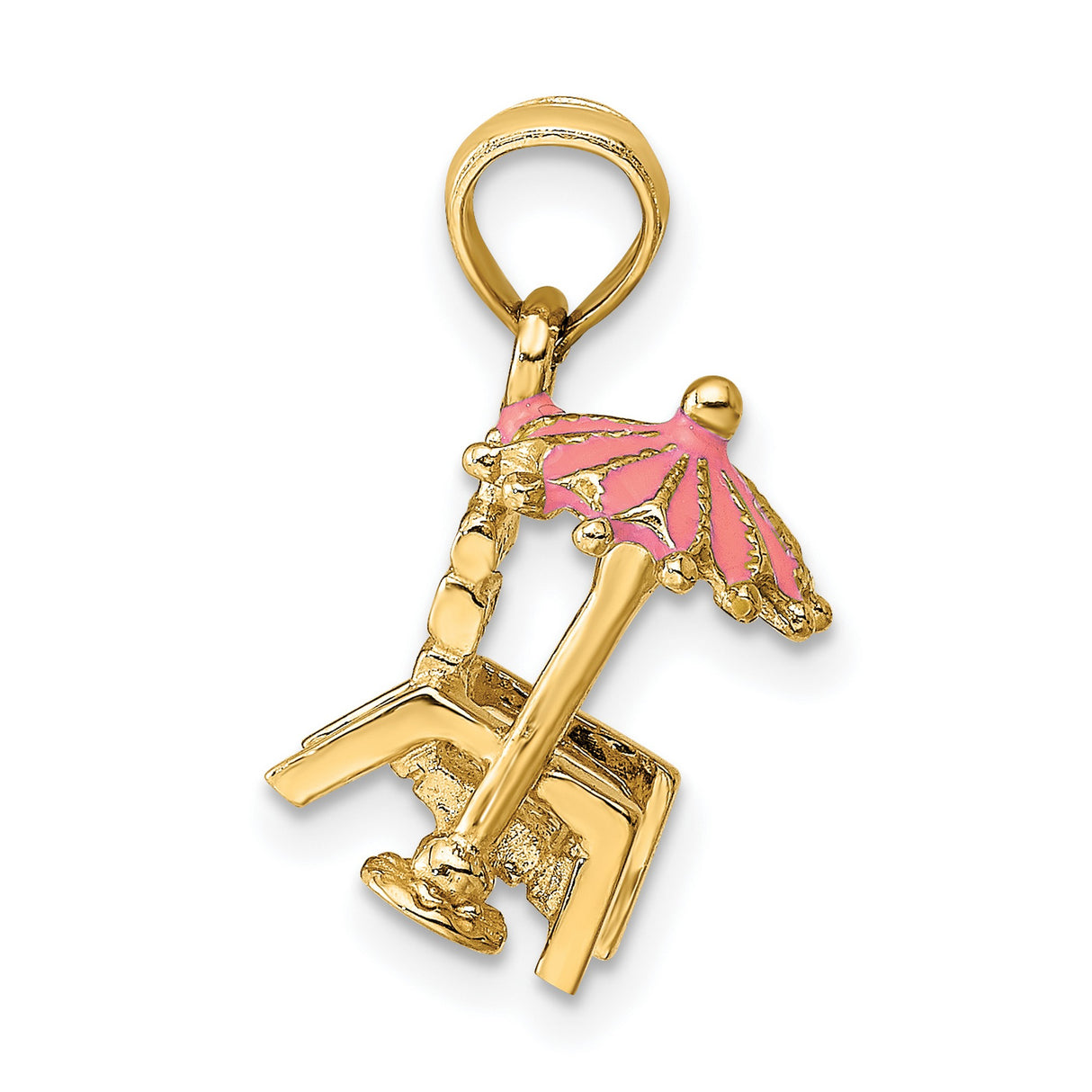 14k Yellow Gold Beach Chair and Umbrella Pendant with Pink Enamel, Coastal Vacation Charm