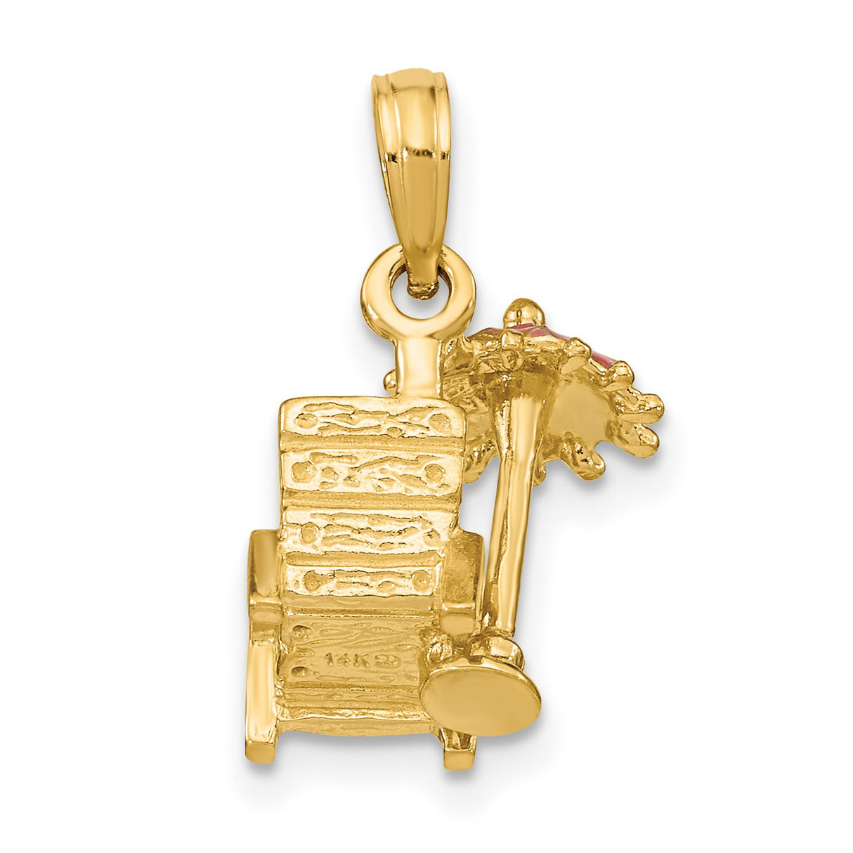 14k Yellow Gold Beach Chair and Umbrella Pendant with Pink Enamel, Coastal Vacation Charm