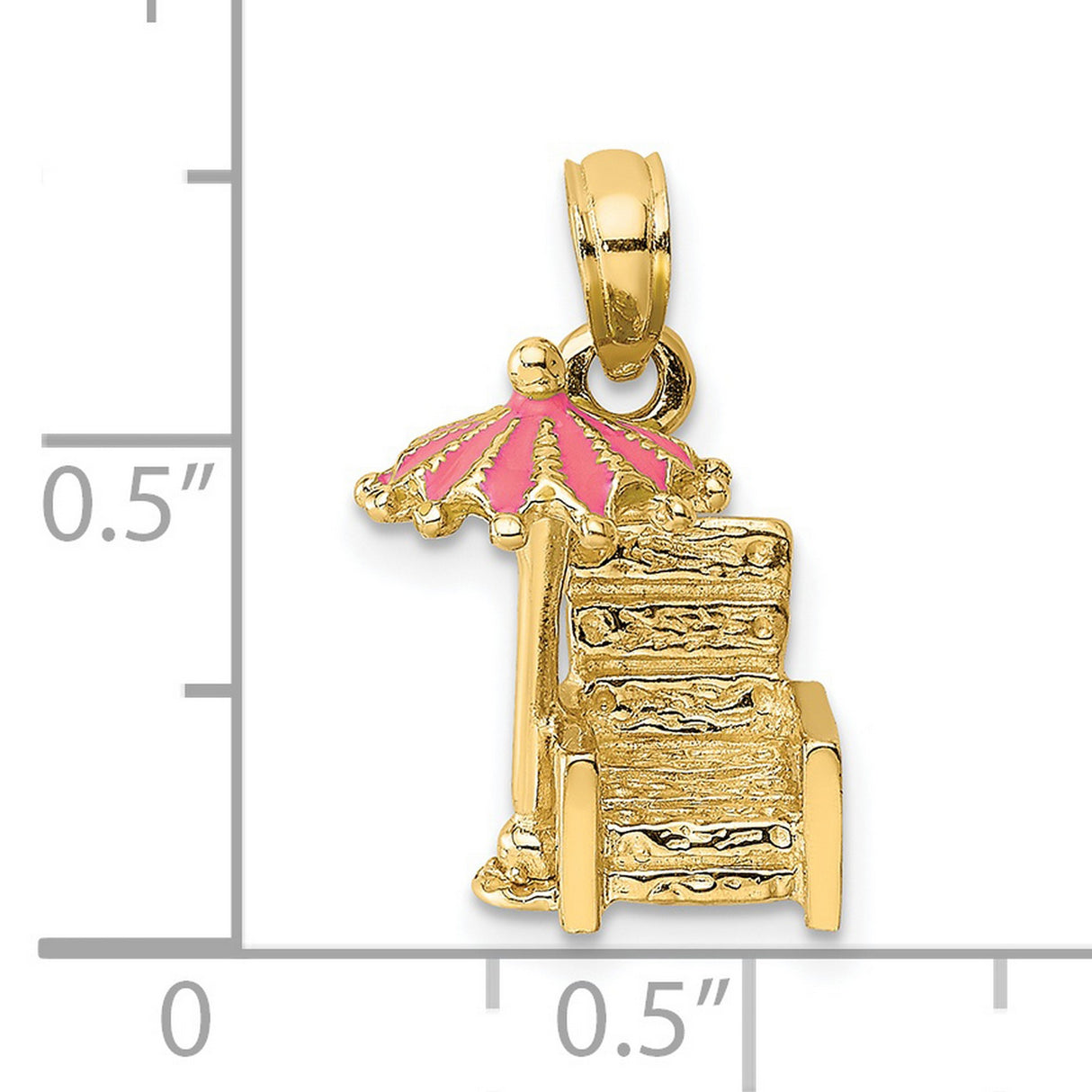 14k Yellow Gold Beach Chair and Umbrella Pendant with Pink Enamel, Coastal Vacation Charm