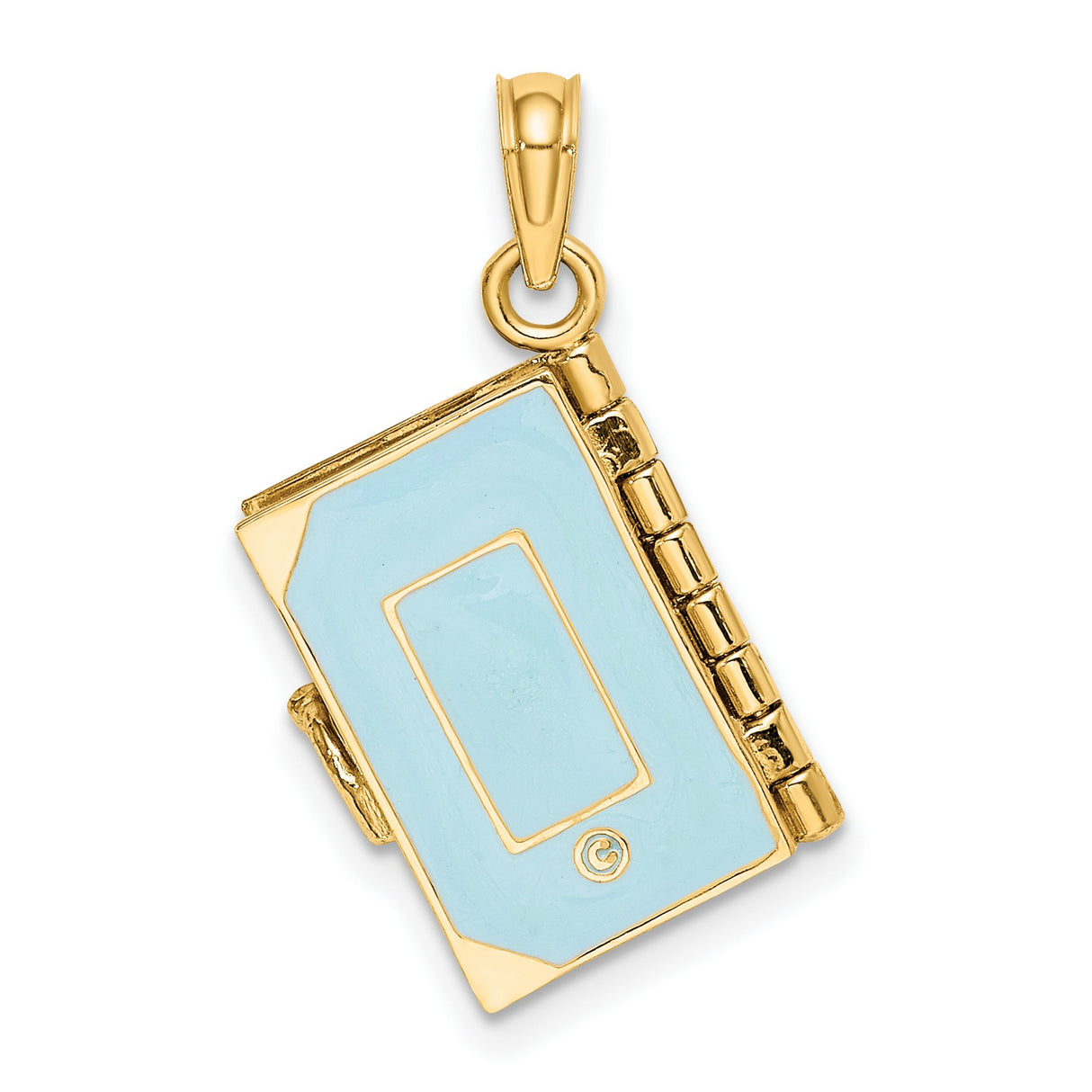 14k Yellow Gold Book Pendant with Blue Enamel, Cross Cutout, Movable Scripture Design