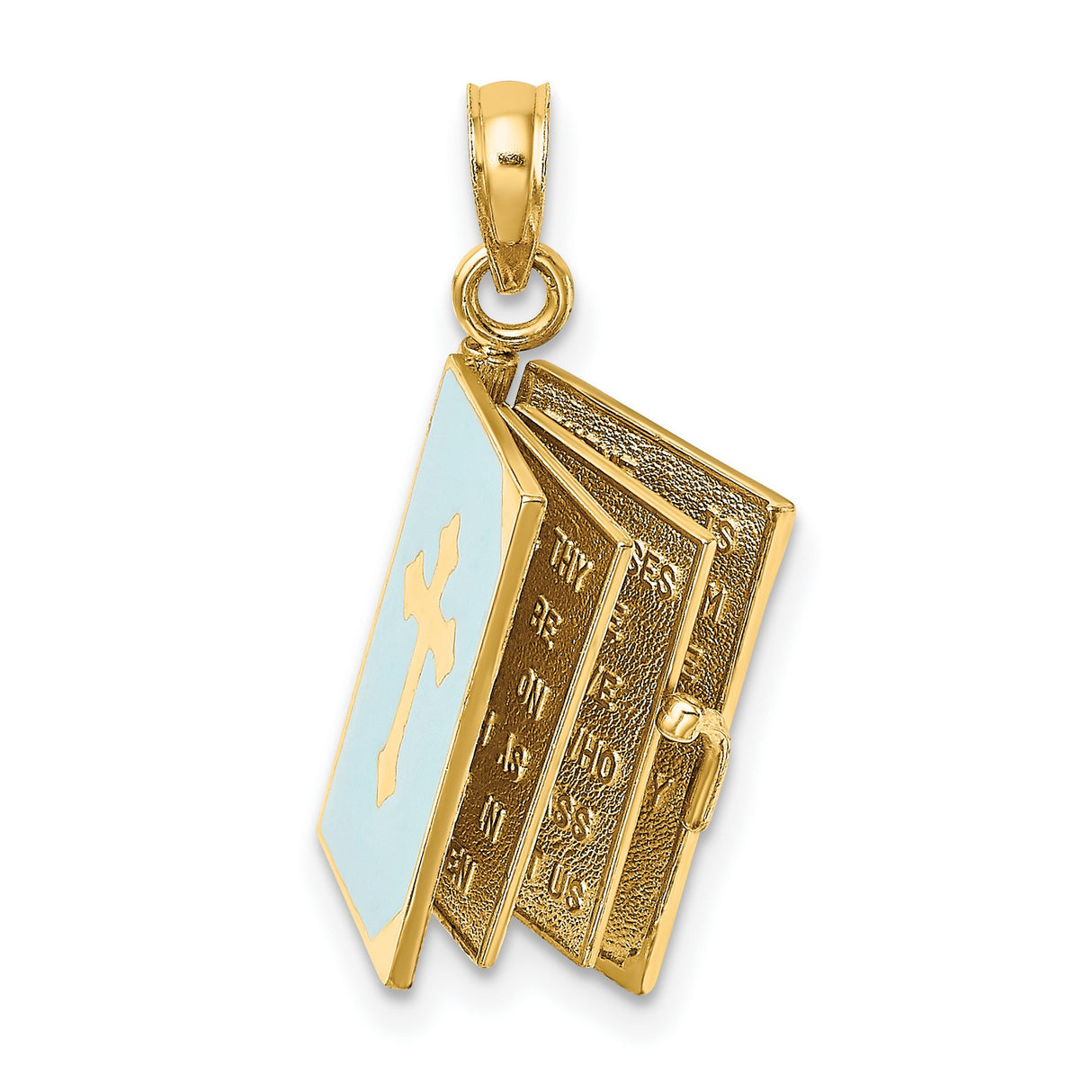 14k Yellow Gold Book Pendant with Blue Enamel, Cross Cutout, Movable Scripture Design