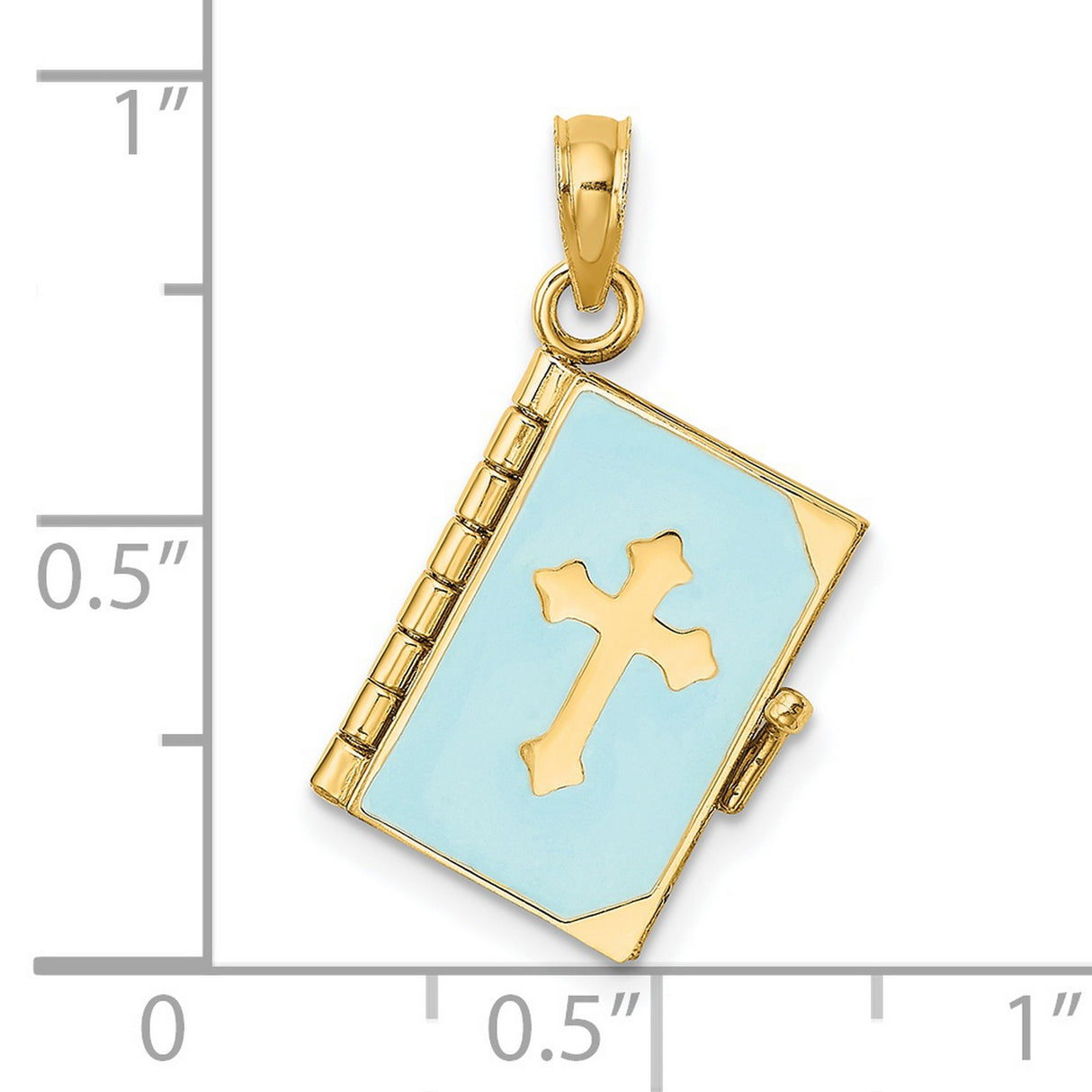 14k Yellow Gold Book Pendant with Blue Enamel, Cross Cutout, Movable Scripture Design