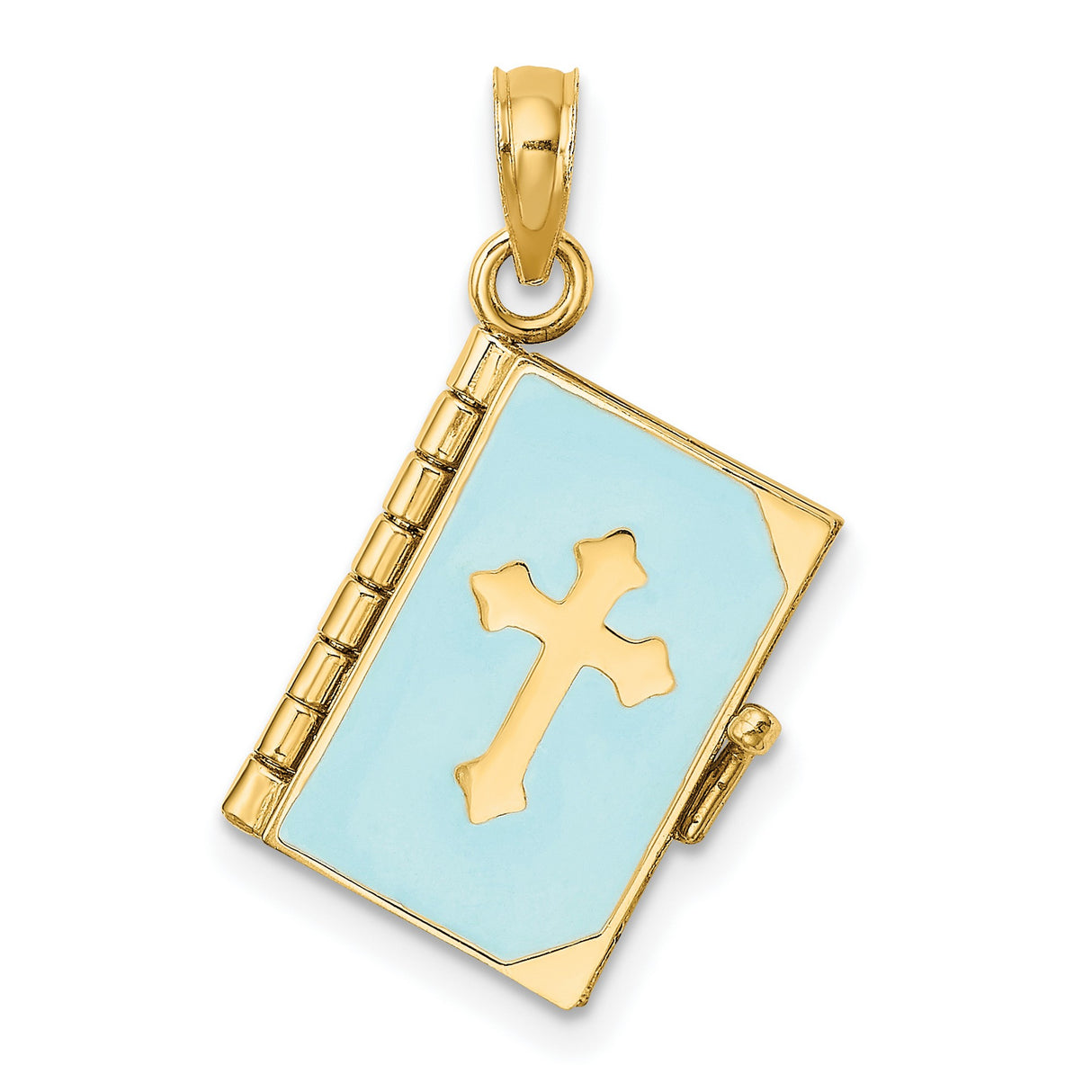 14k Yellow Gold Book Pendant with Blue Enamel, Cross Cutout, Movable Scripture Design