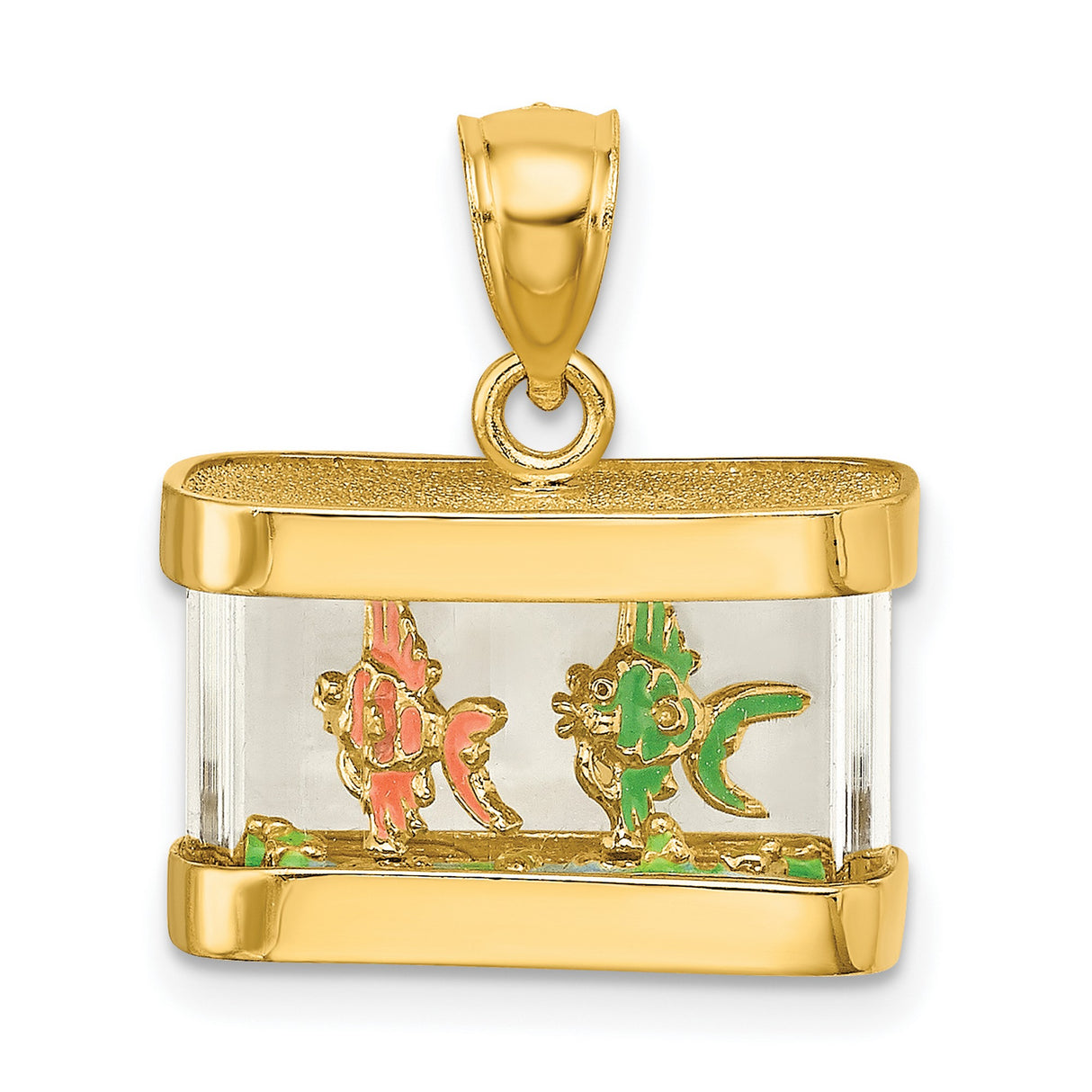 14k Yellow Gold Koi Fish Pendant with Clear Rectangular Frame, Asian Symbol of Prosperity