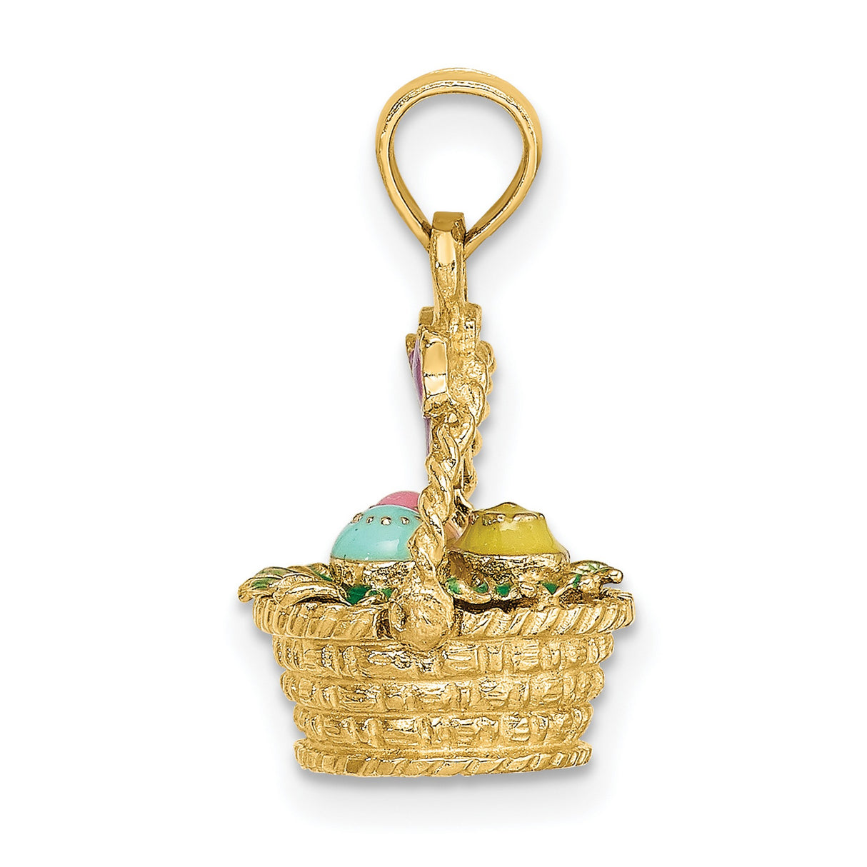 14k Yellow Gold Easter Basket Pendant with Purple Enamel Bow and Pastel Eggs