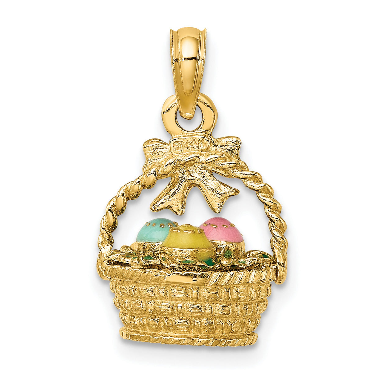 14k Yellow Gold Easter Basket Pendant with Purple Enamel Bow and Pastel Eggs