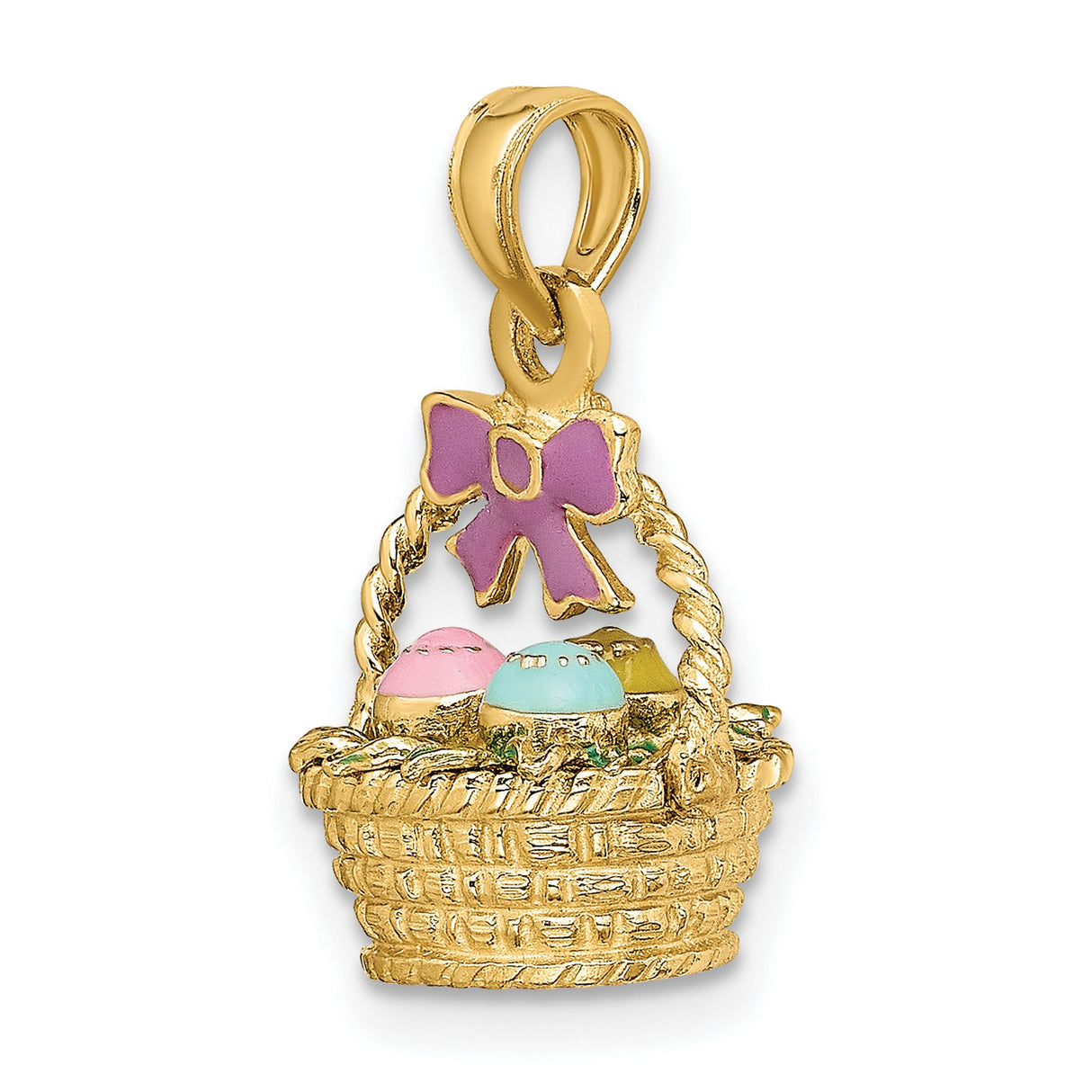 14k Yellow Gold Easter Basket Pendant with Purple Enamel Bow and Pastel Eggs