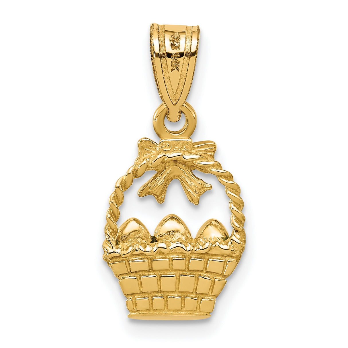 14k Yellow Gold Easter Basket Pendant with Enamel Eggs and Purple Bow