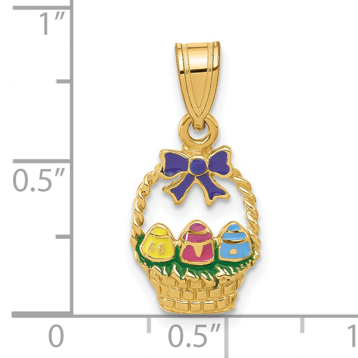14k Yellow Gold Easter Basket Pendant with Enamel Eggs and Purple Bow