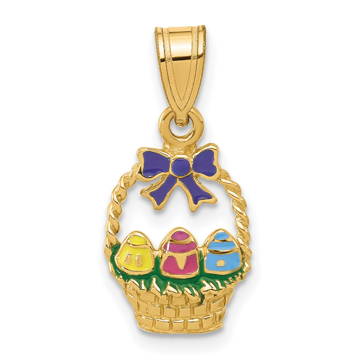 14k Yellow Gold Easter Basket Pendant with Enamel Eggs and Purple Bow