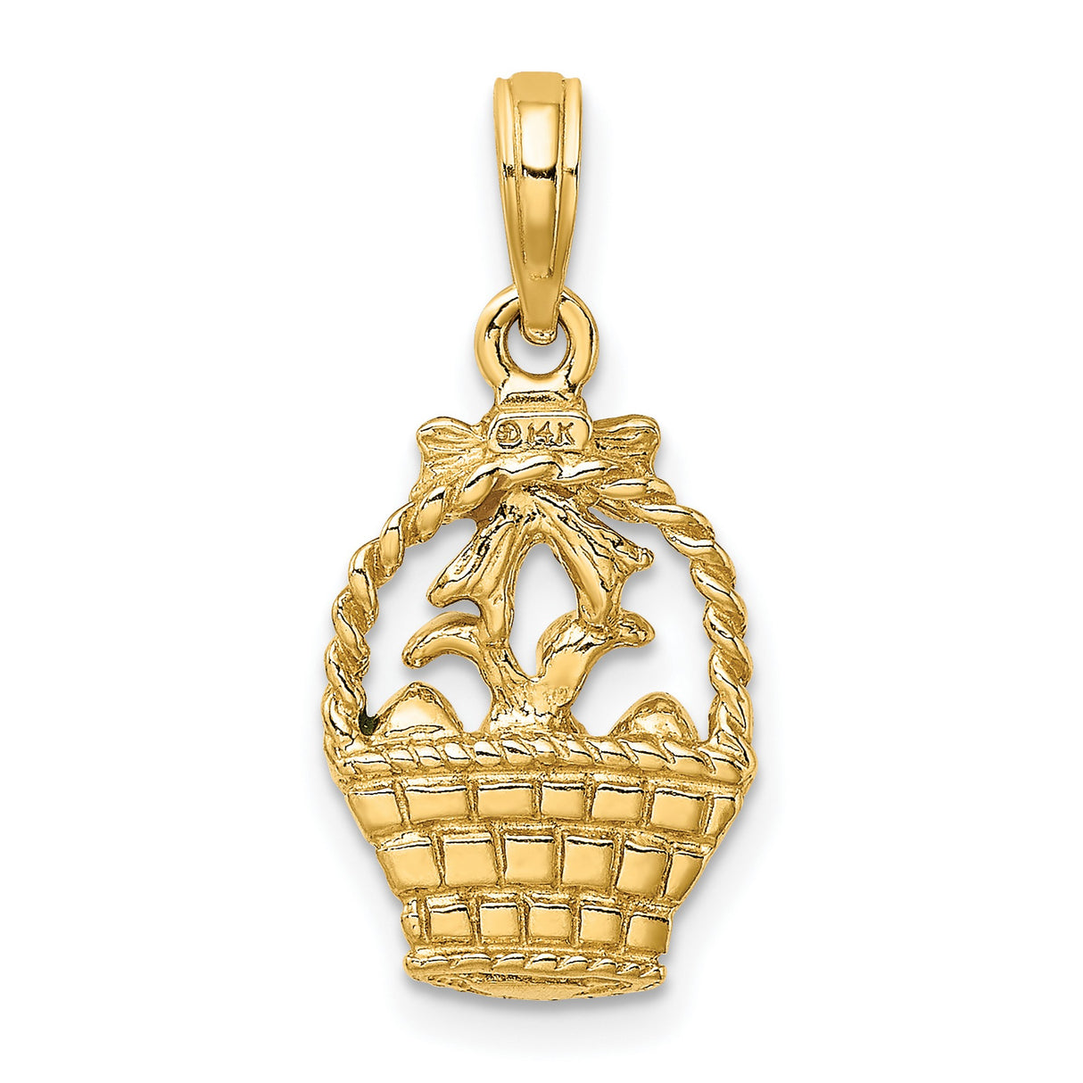 14k Yellow Gold Easter Basket Pendant with White Enamel Bunny and Pastel Eggs