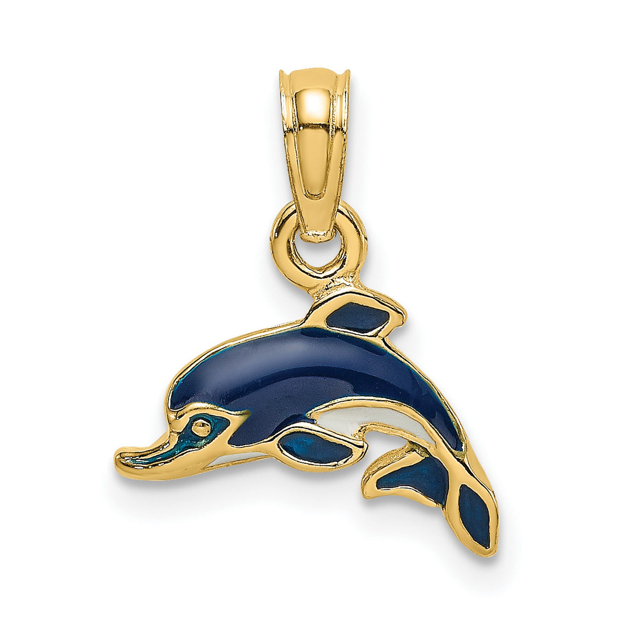 14k Yellow Gold Dolphin Pendant with Blue Enamel Accents, Nautical Beach Theme Jewelry