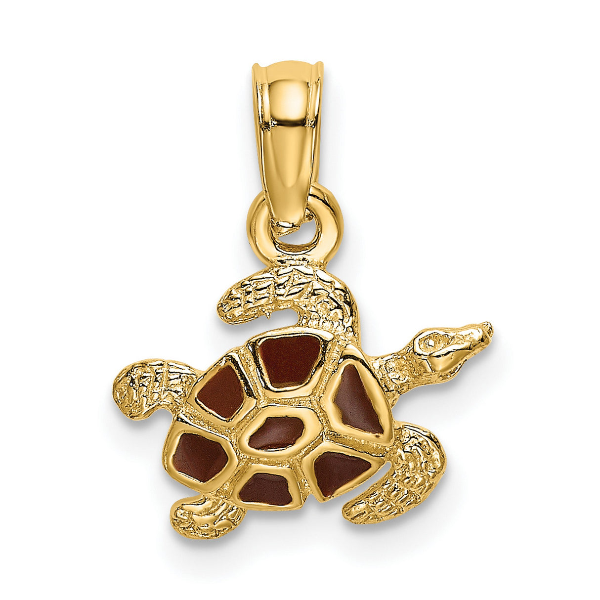 14k Yellow Gold Sea Turtle Pendant with Brown Enamel Shell Detailing, Nautical Charm