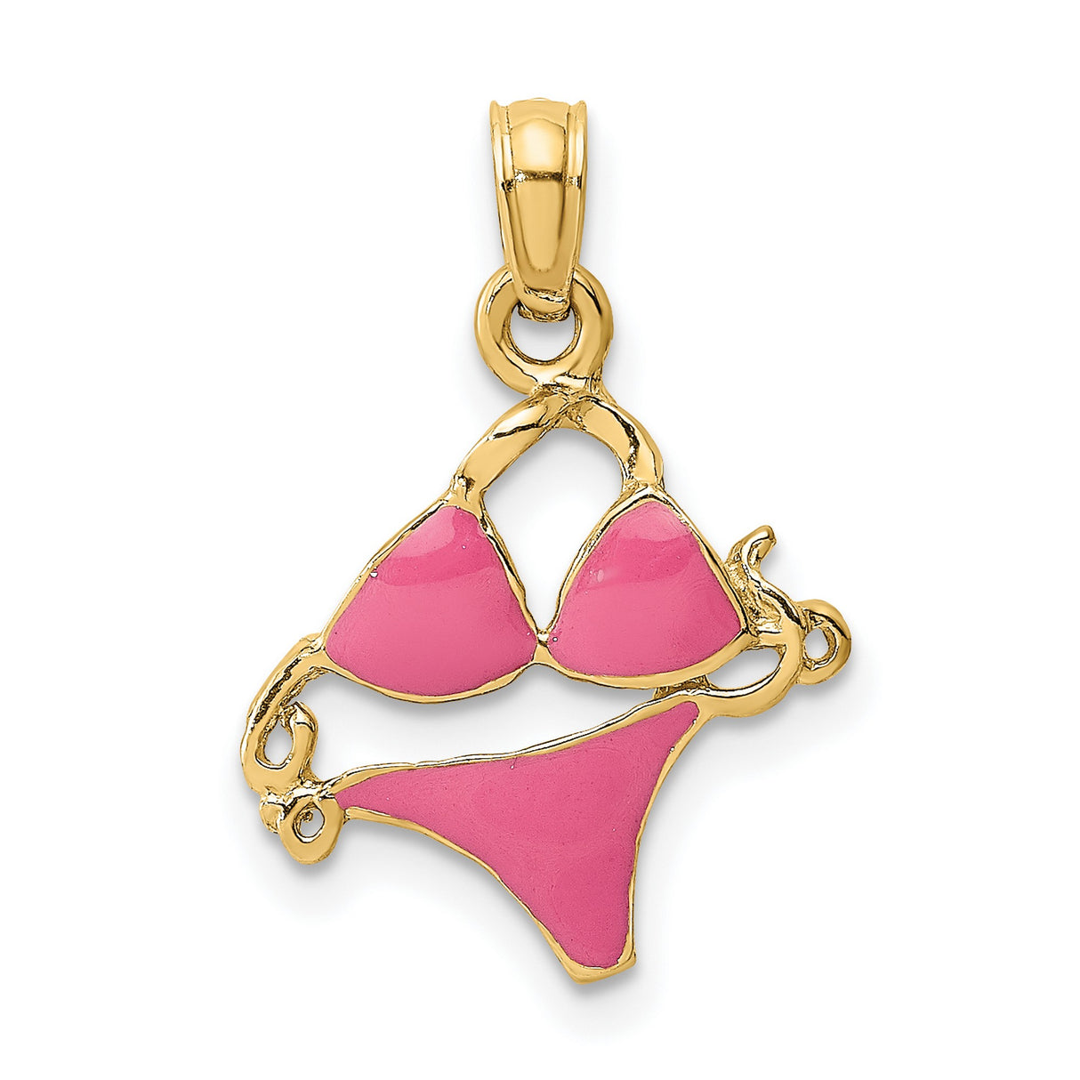 14k Yellow Gold Pendant with Pink Enamel Bikini Design, Summer Beach Charm for Women