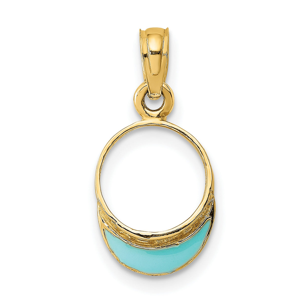 14k Yellow Gold Pendant with Turquoise Enamel Crescent, Modern Open Oval Design, Boho Minimalist Charm