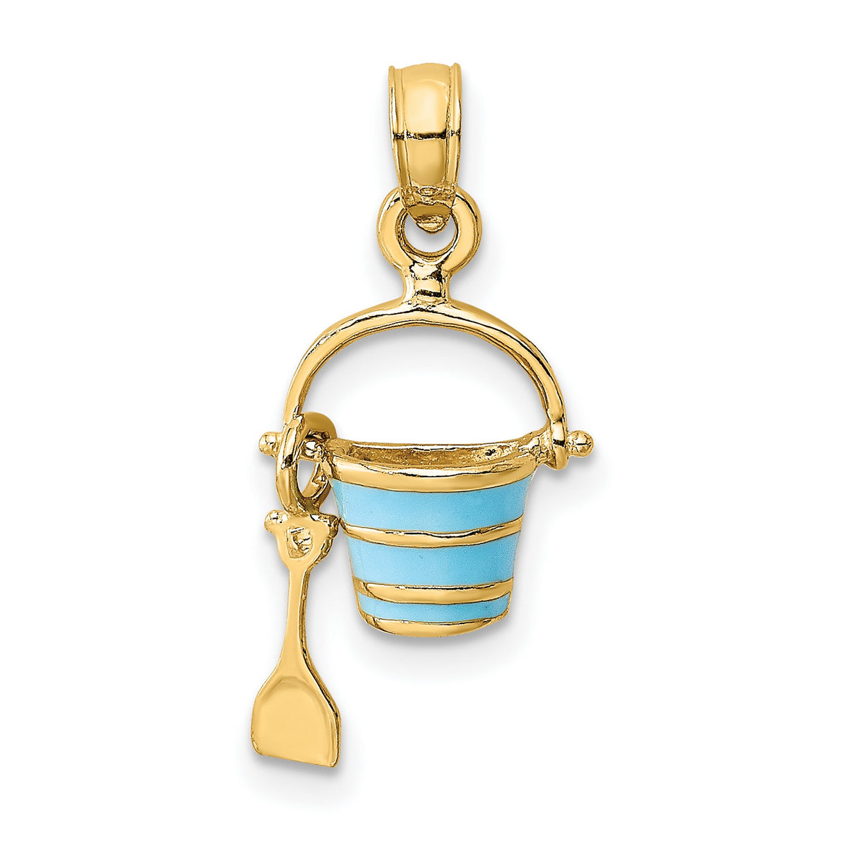 14k Yellow Gold Pendant, Blue Enamel Beach Bucket and Shovel Charm, Coastal Vacation Style