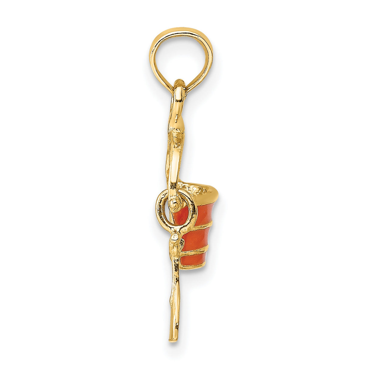 14k Yellow Gold Beach Bucket and Shovel Charm Pendant with Orange Enamel Accents