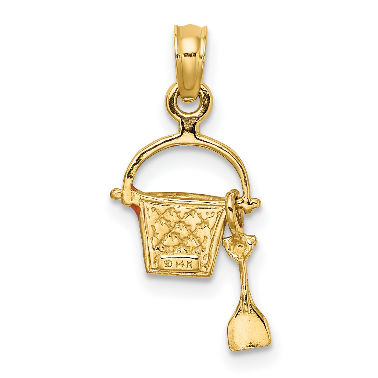 14k Yellow Gold Beach Bucket and Shovel Charm Pendant with Orange Enamel Accents