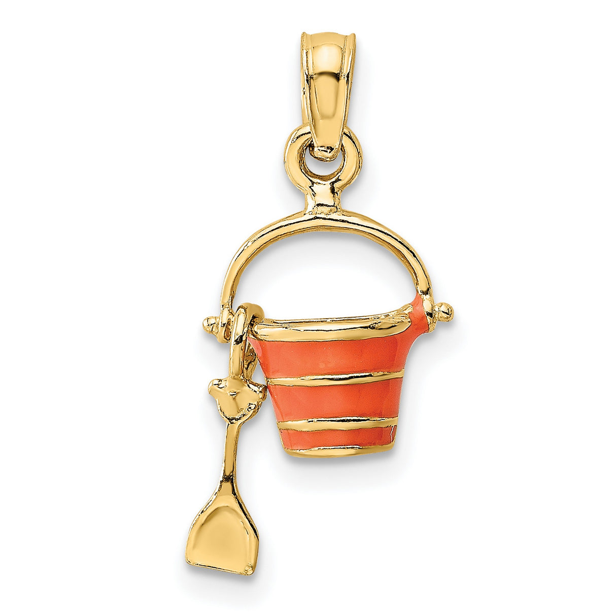 14k Yellow Gold Beach Bucket and Shovel Charm Pendant with Orange Enamel Accents
