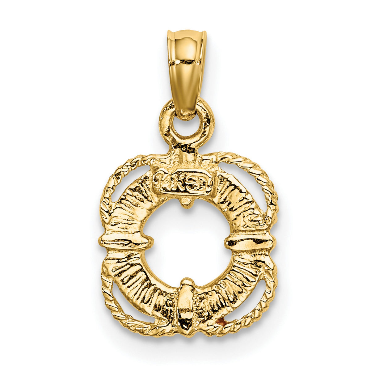 14k Yellow Gold Nautical Pendant with Red and White Enamel Life Preserver Design