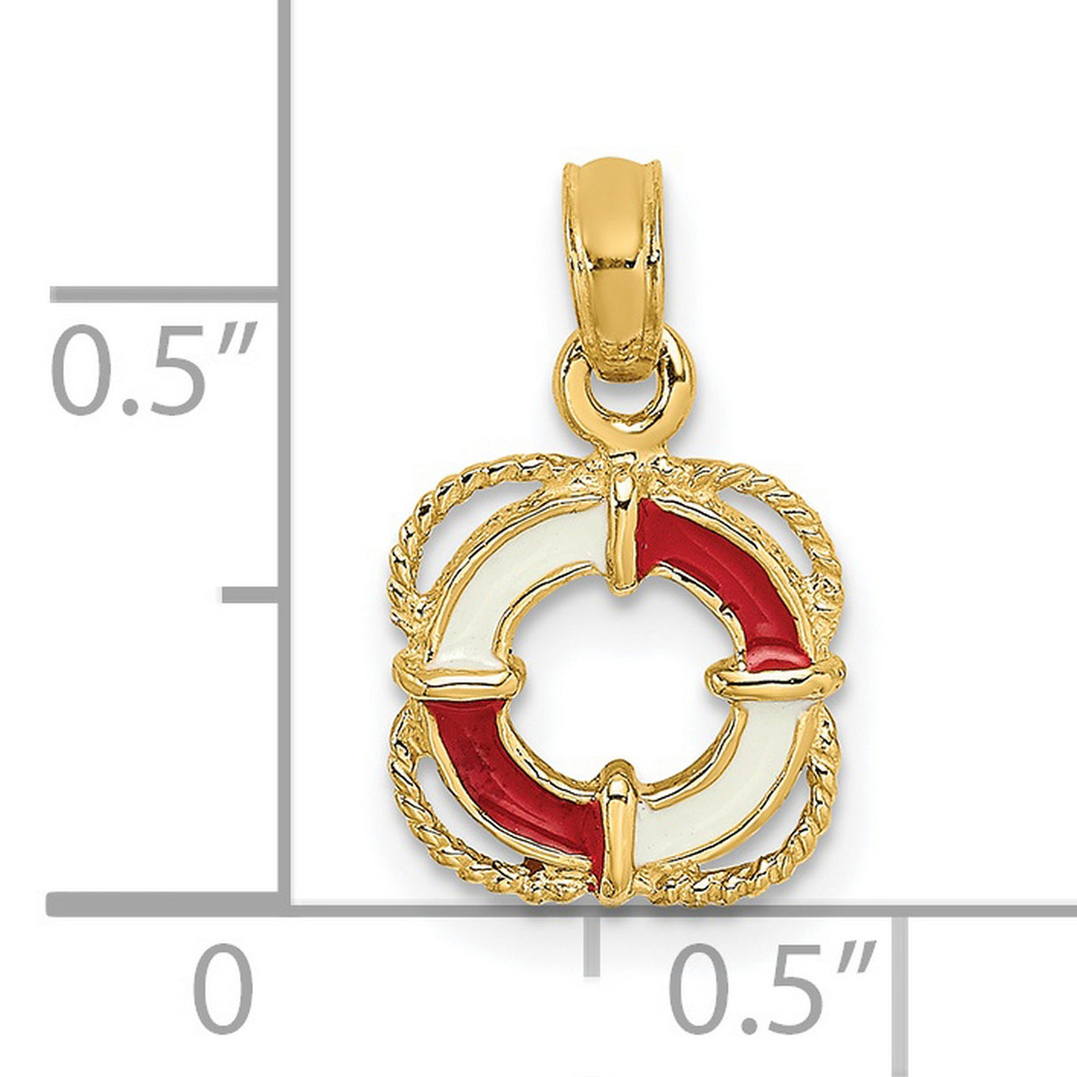 14k Yellow Gold Nautical Pendant with Red and White Enamel Life Preserver Design