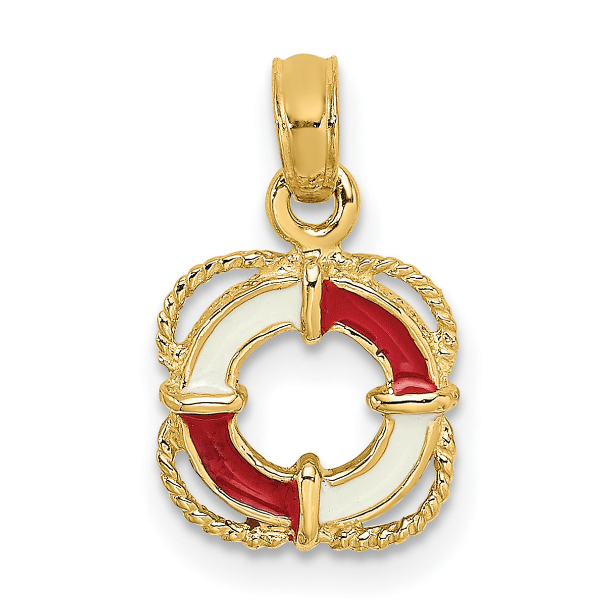 14k Yellow Gold Nautical Pendant with Red and White Enamel Life Preserver Design