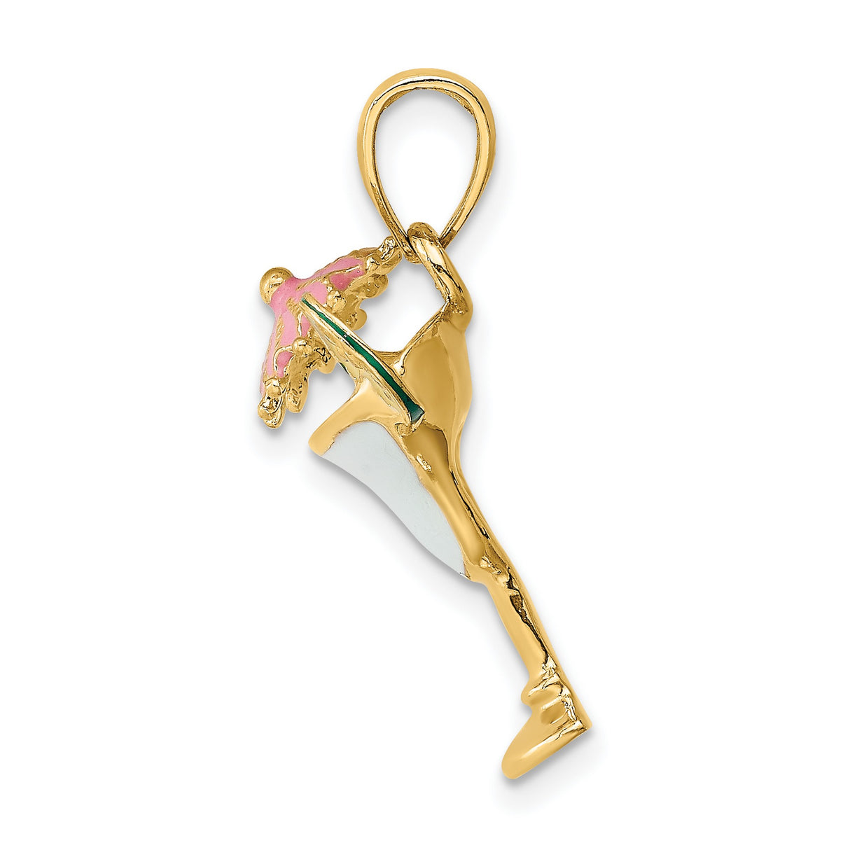 14k Yellow Gold Cocktail Pendant with Enamel Pink Umbrella and Lime Slice, Tropical Drink Charm